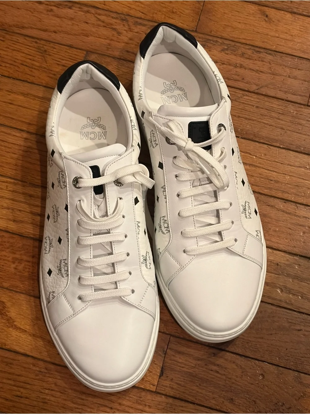 MCM White Low-Top Logo Panel Sneakers with Black Heel Tab